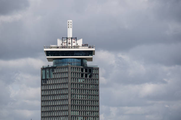 Amsterdam, Netherlands: June, 2024:  A'DAM Tower with A'DAM LOOKOUT along the IJ river in Amsterdam North.