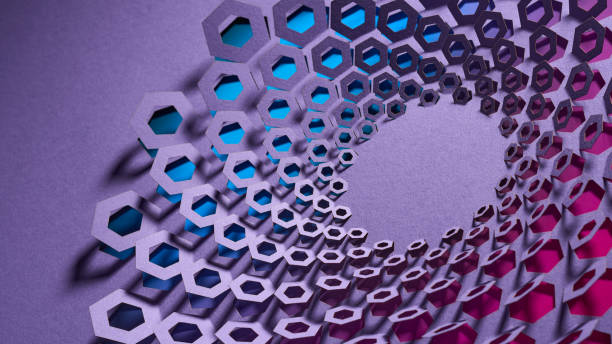 istock Dynamic abstract hexagonal paper artwork with gradient lighting in blue and pink hues on a purple background 2193138933