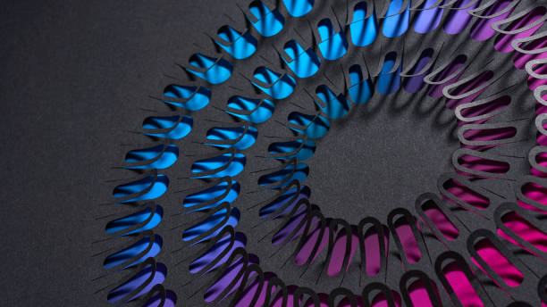 istock Intricate spiral paper artwork with dynamic cut shapes illuminated by blue and pink gradient lighting 2193139086