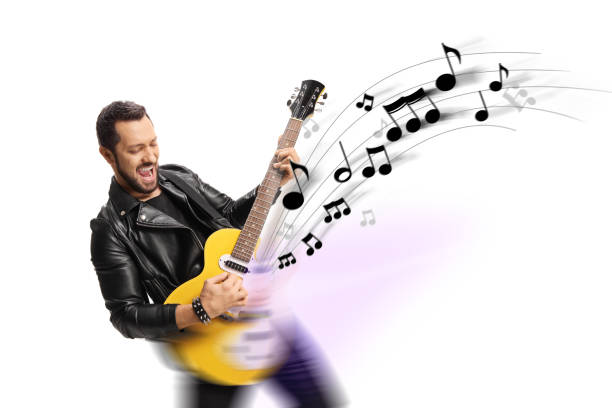 Guitaist playing an electric guitar with notes and melody isolated on white background