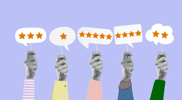 customer experience concept collage with people raised hand - geri bildirim stok fotoğraflar ve resimler