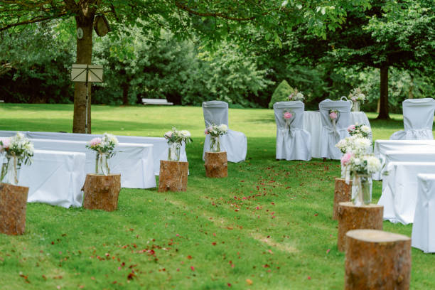 istock Outdoor check-in in summer with white chairs and benches 2193175178