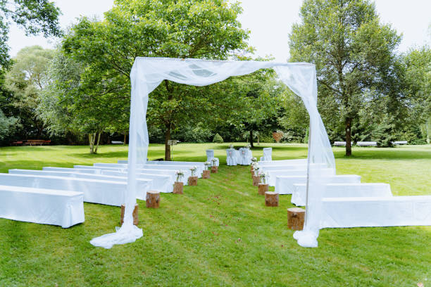 istock Outdoor check-in in summer with white chairs and benches 2193175314