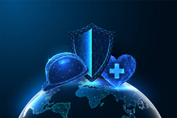World Health and Safety at Work concept with glowing helmet, shield, and heart on Earth globe. World Health and Safety at Work concept with glowing helmet, shield, and heart with cross symbol on Earth globe. Workplace protection, security, wellness. Futuristic low-poly style vector illustration earth first aid stock illustrations