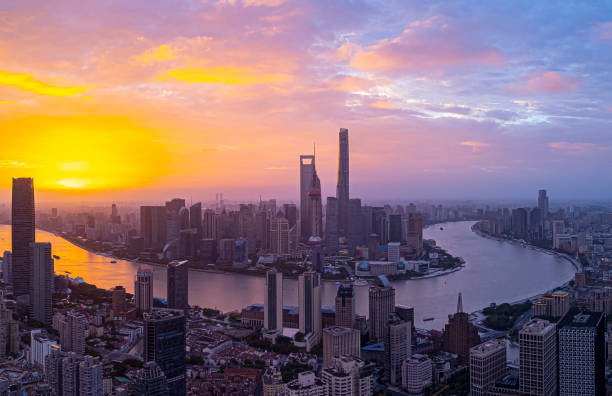 istock Panoramic Aerial view of shanghai skyline at sunrise 2193183831