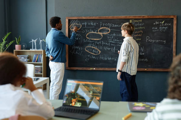 istock Class with Male Teacher And Student Writing on Blackboard 2193187497