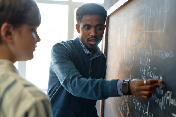 istock Black Male Teacher Writing on Blackboard Helping Student 2193187523