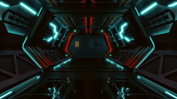 istock 3d illustration render. Sci-Fi grunge damaged metallic corridor background 2193198197