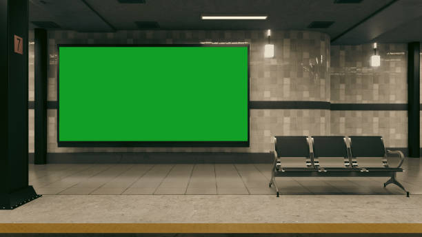 Empty billboard with a green screen for advertising on a subway station. 3D illustrator