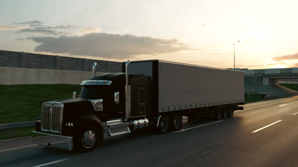 istock American style truck on freeway pulling load. Transportation theme. 3D illustration 2193198202