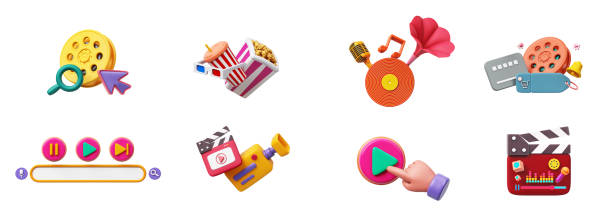 istock 3D model set object. cinema entertainment media with popcorn, film strip, clapperboard, play button icon, movie camera, microphone style cute cartoon white background. clipping path. 3D Illustration. 2193200433