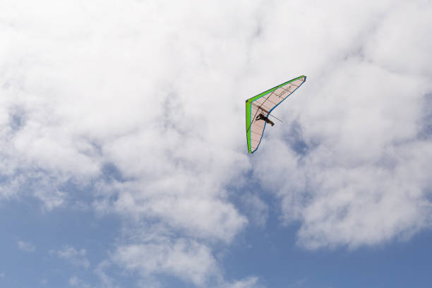 A bird soars gracefully across a tranquil sky filled with fluffy clouds, set against the backdrop of distant mountain ranges. The image captures the peaceful and expansive nature of the open sky, offering a sense of freedom and tranquility.