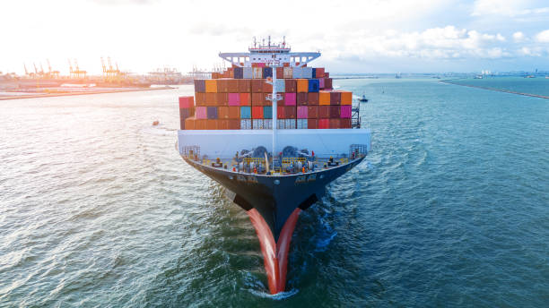 istock Aerial front view of cargo ship carrying container and running for export cargo yard port to custom ocean concept technology transportation , customs clearance, webinar banner forwarder mast 2193202268