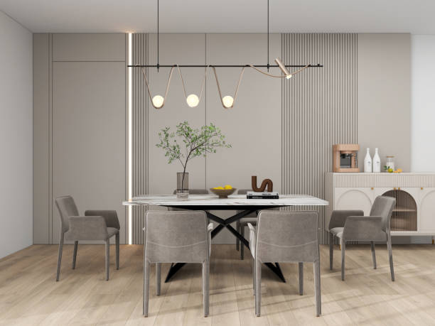 istock Dining room design mockup, A modern dining room with minimalist decor featuring a marble table, gray upholstered chairs and sideboard. 3d rendering, decor idea. 2193203199