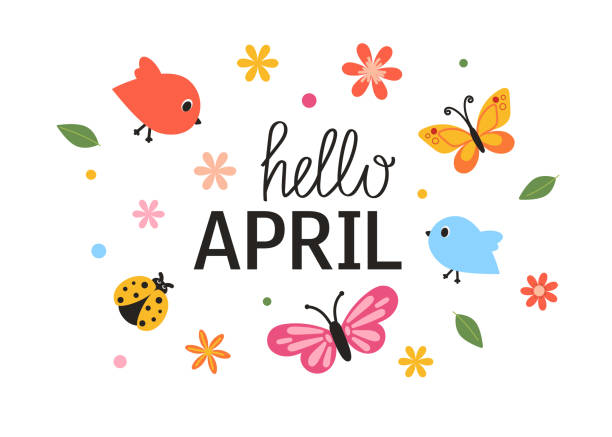 illustrations, cliparts, dessins animés et icônes de bonjour le lettrage d’avril. ensemble mignon d’éléments à ressort. - avril