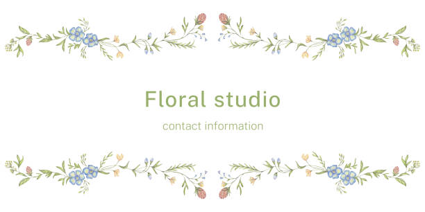 Watercolor wildflowers frame a rectangular frame A frame of watercolor wildflowers and greenery, a ready-made template for business cards, postcards, invitations. Minimalistic botanical illustration, with delicate delicate flowers. clip art of small flower pattern stock illustrations