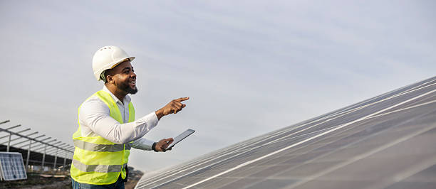 istock Smiling multicultural environmentalist standing at solar farm with tablet in hands. 2193219740