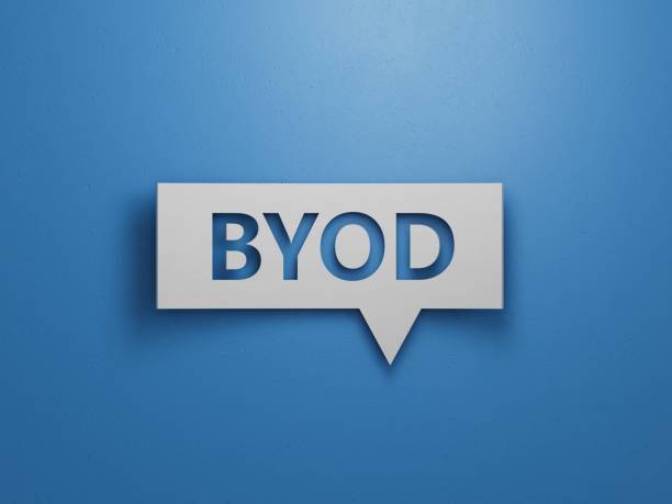 istock Speech Bubble block with BYOD business word.Minimalist Abstract Design With White Cut Out Paper.3D rendering on blue background. 2193222541