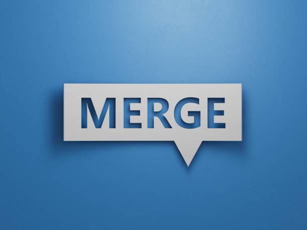 istock Speech Bubble block with MERGE business word.Minimalist Abstract Design With White Cut Out Paper.3D rendering on blue background. 2193222577