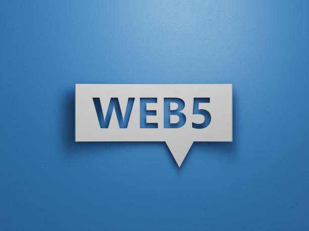 istock Speech Bubble block with web 5 business word.Minimalist Abstract Design With White Cut Out Paper.3D rendering on blue background. 2193222615