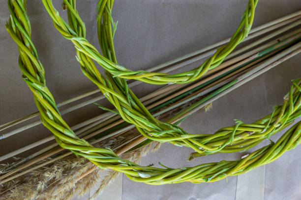 istock Twisted green vines arranged with natural stalks on a crafting surface 2193223155