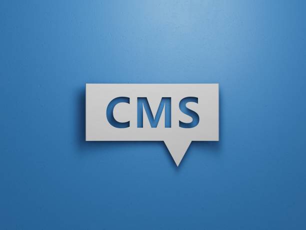 istock Lettering cms on Speech Bubble.Minimalist Abstract Design With White Cut Out Paper.3D rendering on blue background. 2193223458