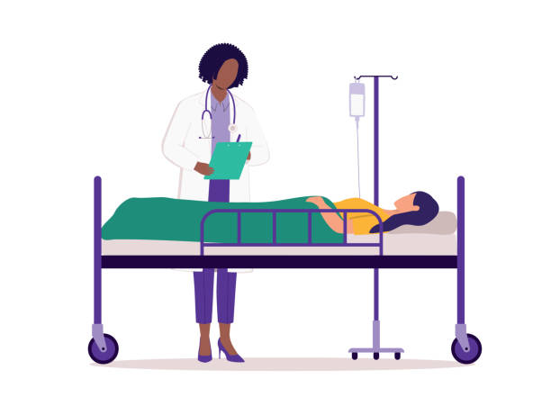 Black Female Doctor Visiting A Patient In A Hospital Bed. Black Female Doctor Visiting A Patient In A Hospital Bed. Isolated. cartoon of medical records stock illustrations