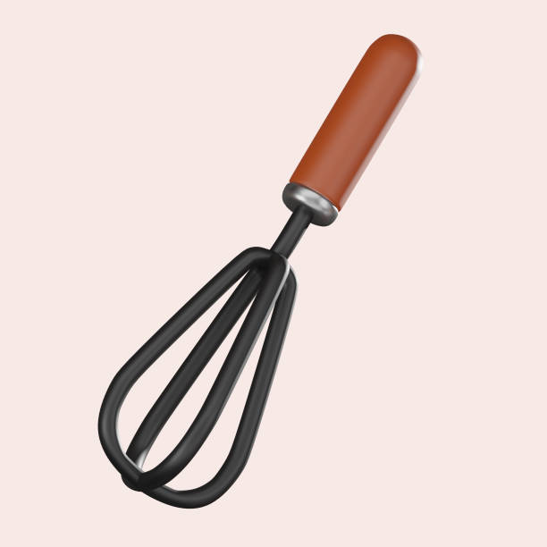 3D render of an steel whisk. Ideal for food preparation, baking, and kitchen-themed visuals. Suitable for culinary art and home appliance branding.