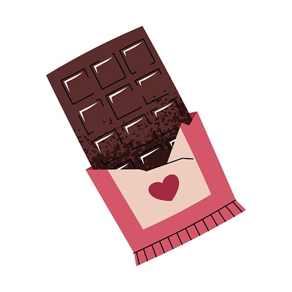 Chocolate In Open Wrapper In Flat Cartoon Style Candy On White ...