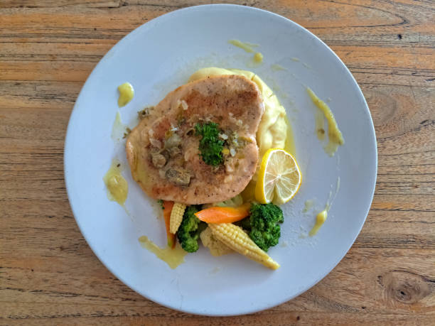 Delicious Chicken Piccata With Chicken Steak, Lemon Butter And Capers Sauce. Food Menu. Top View.