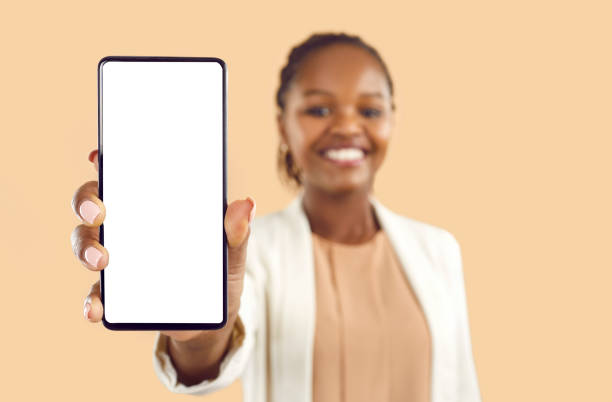 Woman hold smartphone show white mockup screen