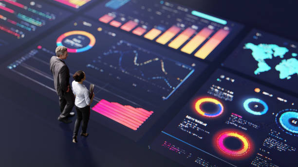 business team analyzing interactive digital dashboards with data visualizations - analysera bildbanksfoton och bilder