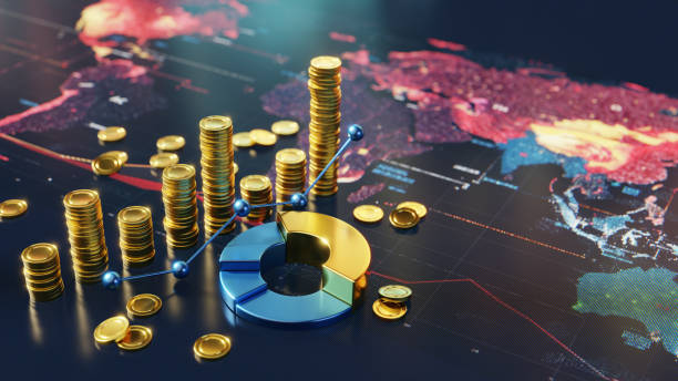 Global Financial Trends Displayed Through Coins, Graphs, and a World Map Visualization A creative representation of global finance using gold coins, charts, and a colourful world map, symbolising economic potential and diversification. rules quotes stock pictures, royalty-free photos & images