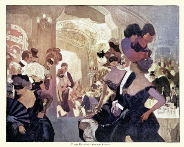 Munich carnival, Couple drinking having fun, woman wearing masks,  Victorian German 19th Century art