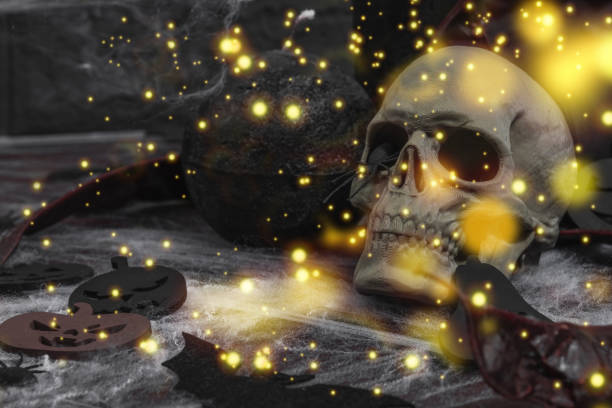 istock Creepy Halloween composition. Creative background, traditional symbols 2193249501
