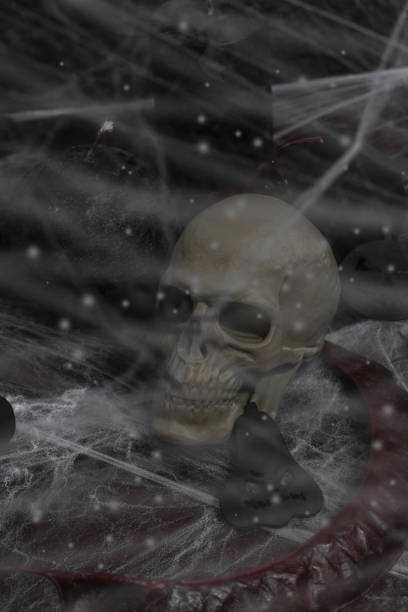 Creepy Halloween composition. Creative background, traditional symbols. Decorative skull, candles, spider web, pumpkins and bats. Dark atmosphere mood
