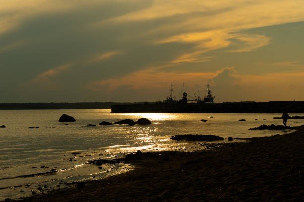 Sun is setting over by the sea.March 2024 - Istanbul Turkey.