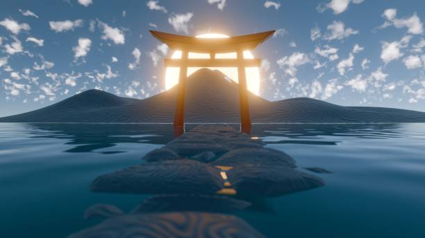 istock Pathway to Tranquility: Modern 3D Representation of a Traditional Torii Gate at Sunrise 2193259142
