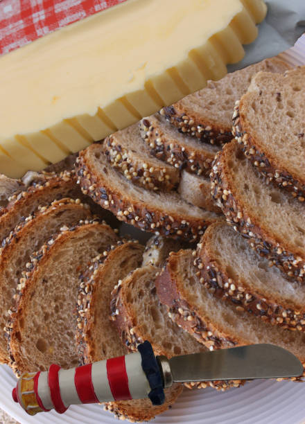 Sliced ​​seeded bread Butter knife and butter  Breakfast buffet