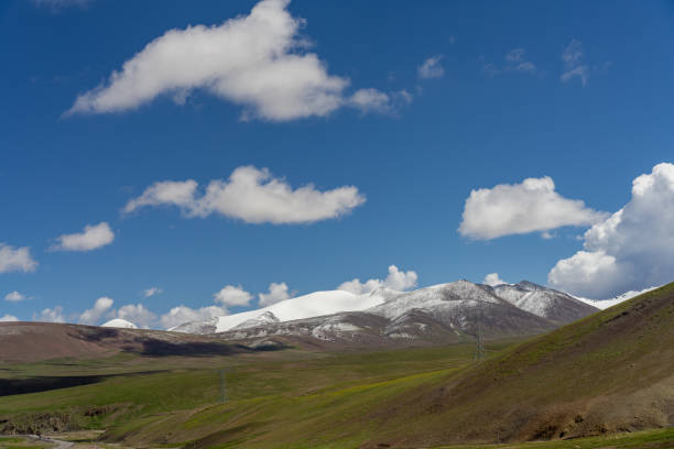 Grasslands, snow-capped mountains and blue sky and white clouds on the plateau