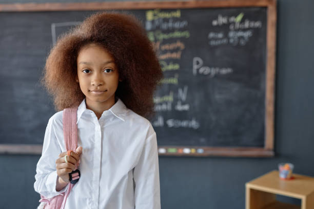 istock Black Girl Holding Backpack Posing Against Blackboard 2193262761