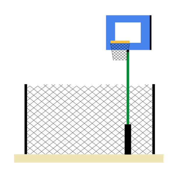 Basketball Hoop On Outdoor Court In Flat Vector Illustration Symbolizing Sports Facilities, Recreation, And Outdoor Activity, Isolated On White Background. A basketball hoop mounted on a pole, surrounded by a chain-link fence, on an outdoor court. The scene symbolizes sports facilities and recreation. cartoon of a pole fence designs stock illustrations