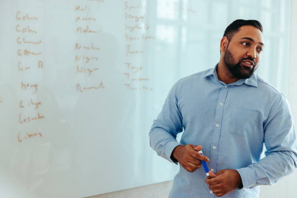 istock Indian businessman giving a presentation in a modern office setting while writing on a whiteboard 2193265642