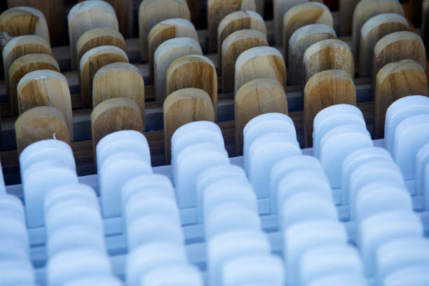 A close-up image showcasing an artistic arrangement of wooden and white cylinders. The contrast in materials creates a visually striking pattern, enhancing the overall aesthetic appeal.