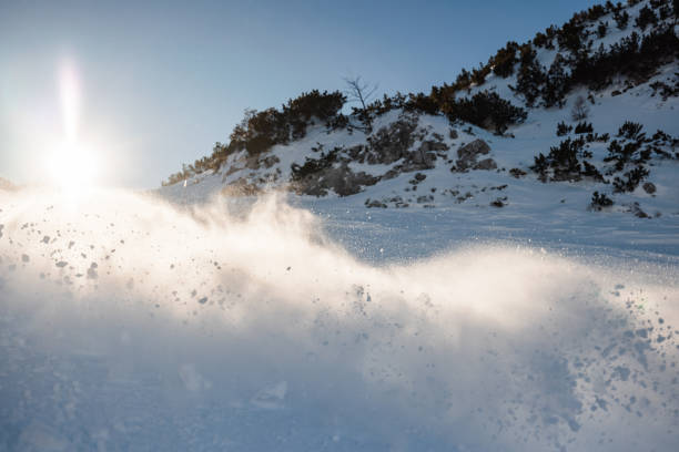 An Asian man skis at high speed down a snow-covered slope in the European Alps, capturing the essence of motion and winter sports excitement. Powder snow and sunlight enhance the breathtaking alpine scenery.