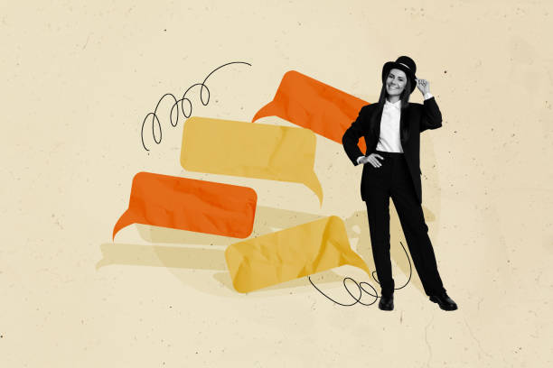 istock Creative collage picture standing young woman formal suit cylinder hat communication textboxes bubbles conversation forum share opinion 2193271284