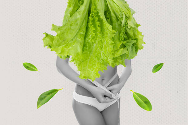 istock Collage 3d pop retro sketch image of lady salad leaf instead head measuring west size isolated white color background 2193275031