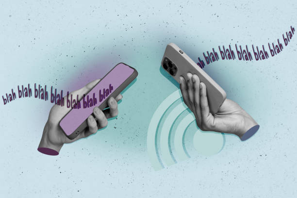 istock Collage image of two black white effect people arms hold smart phone chatting bla blah wifi signal connection isolated on drawing background 2193275136