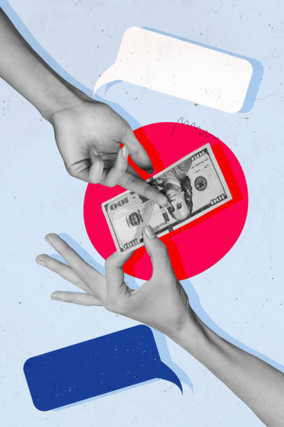 istock Vertical collage creative poster human hands transfer cash money hundred dollars give receive textbox deal exchange phrases bubbles 2193275191