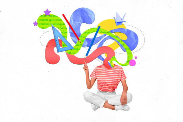 istock Creative photo collage young sitting person headless text book page novel story ruler stationery pencil drawing background 2193275314